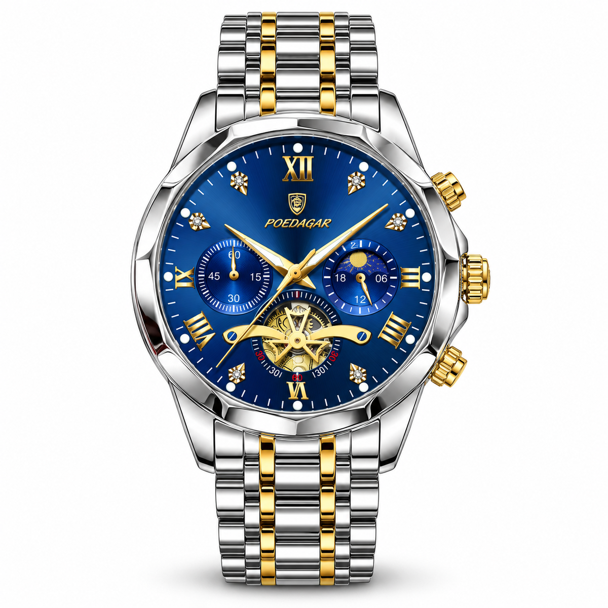 POEDAGAR Chronograph Blue – Reloj de Hombre de Acero con Cronógrafo y Lumen